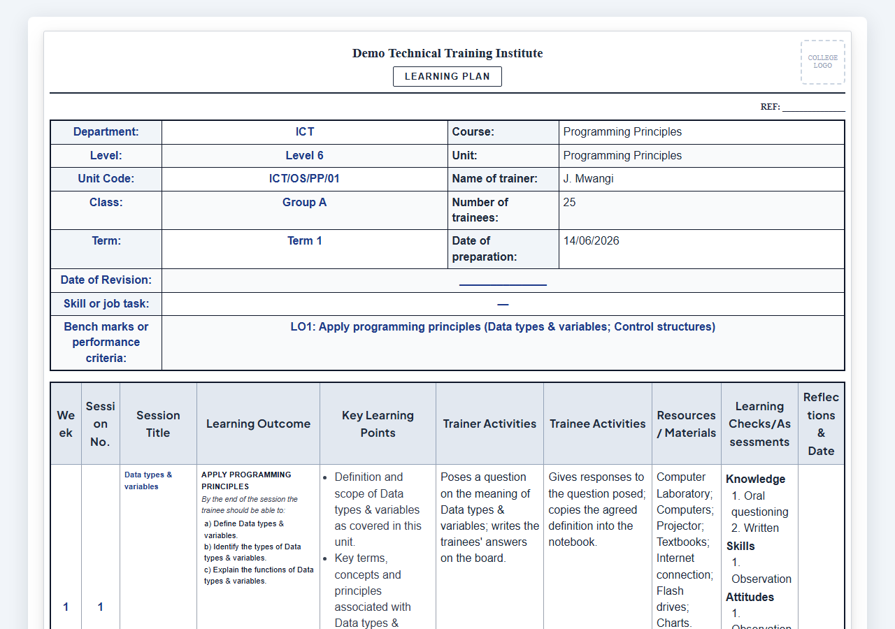 A generated CBET Learning Plan: header block with department, course, level, unit code and trainer, then a week-by-week table of learning outcomes, key learning points, trainer activities, trainee activities, resources and learning checks.